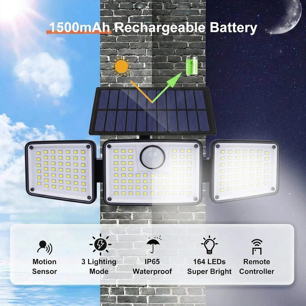 1/2PCS 164LED Motion Sensor Outdoor Street Lights, Solar Lights IP65 Waterproof, 3 Heads Security Flood Lamp, 3 Mode, for Patio