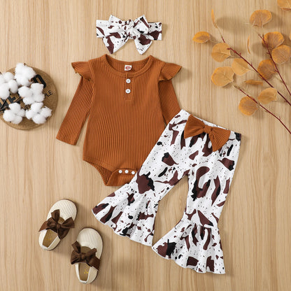 Citgeett Autumn Infant Baby Girls Jumpsuit Solid Color Ribbed Fly Sleeve Romper + Leopard Flare Pants Spring Clothes