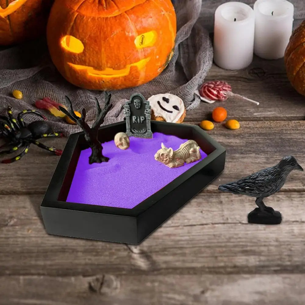 Camping Halloween Coffin Sand Tabletop Decoration, Gothic Zen Garden Kit With Skull For Theme Ornament Creepy Mini Landscape