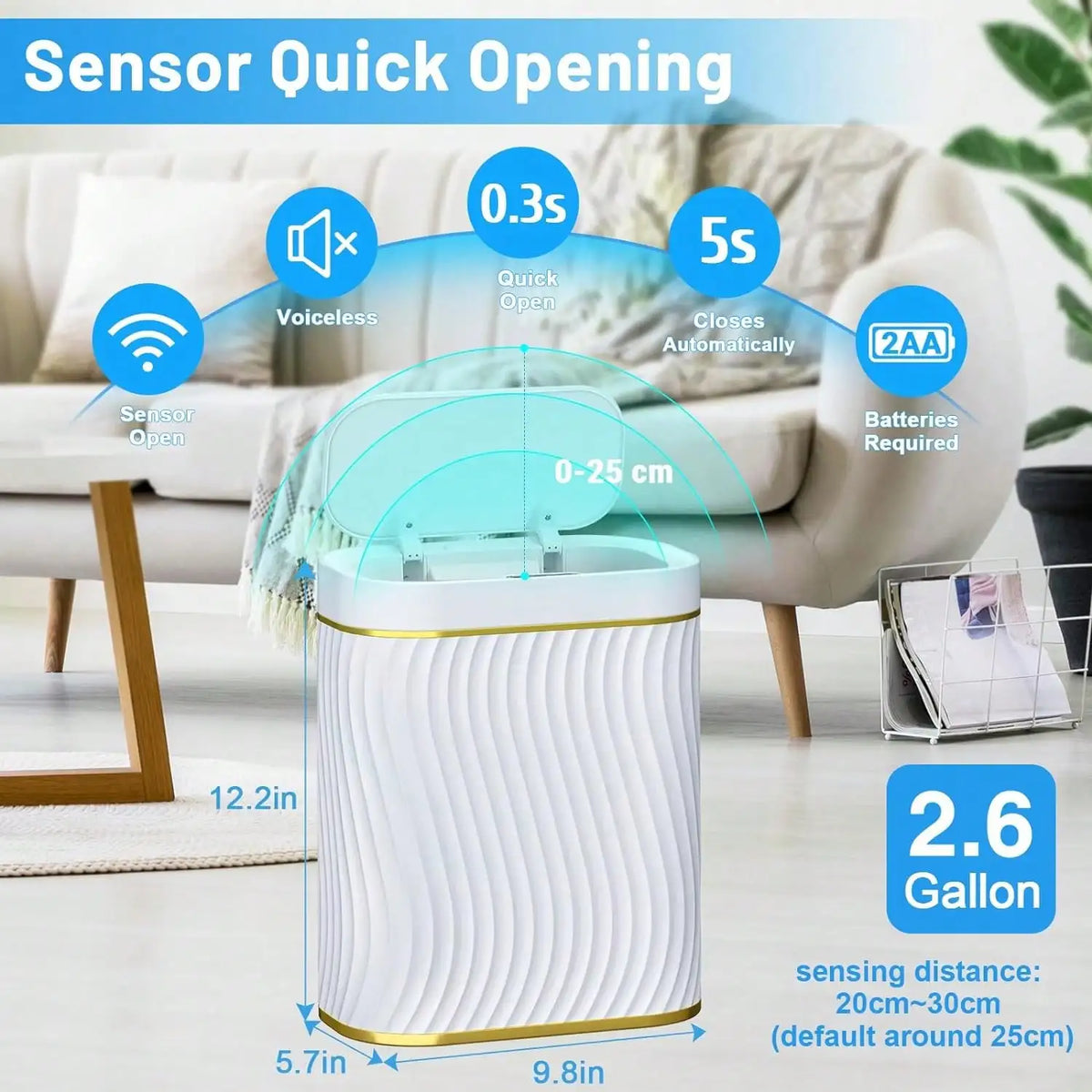 Smart Motion Sensor Trash Can, 2.6 Gallon Small Touchless Pop-Up Bin, Space Saving Waste Basket for Bathroom, Kitchen, Dorm & Bedroom, White