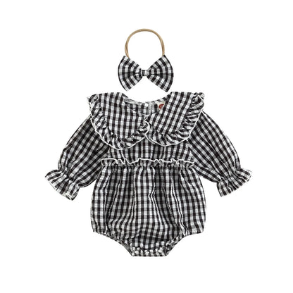 Citgeett Autumn Infant Baby Girl Fall Outfit Plaid Collar Long Sleeve Ruffle Bodysuit + Hairband Clothes Set 0-18Months