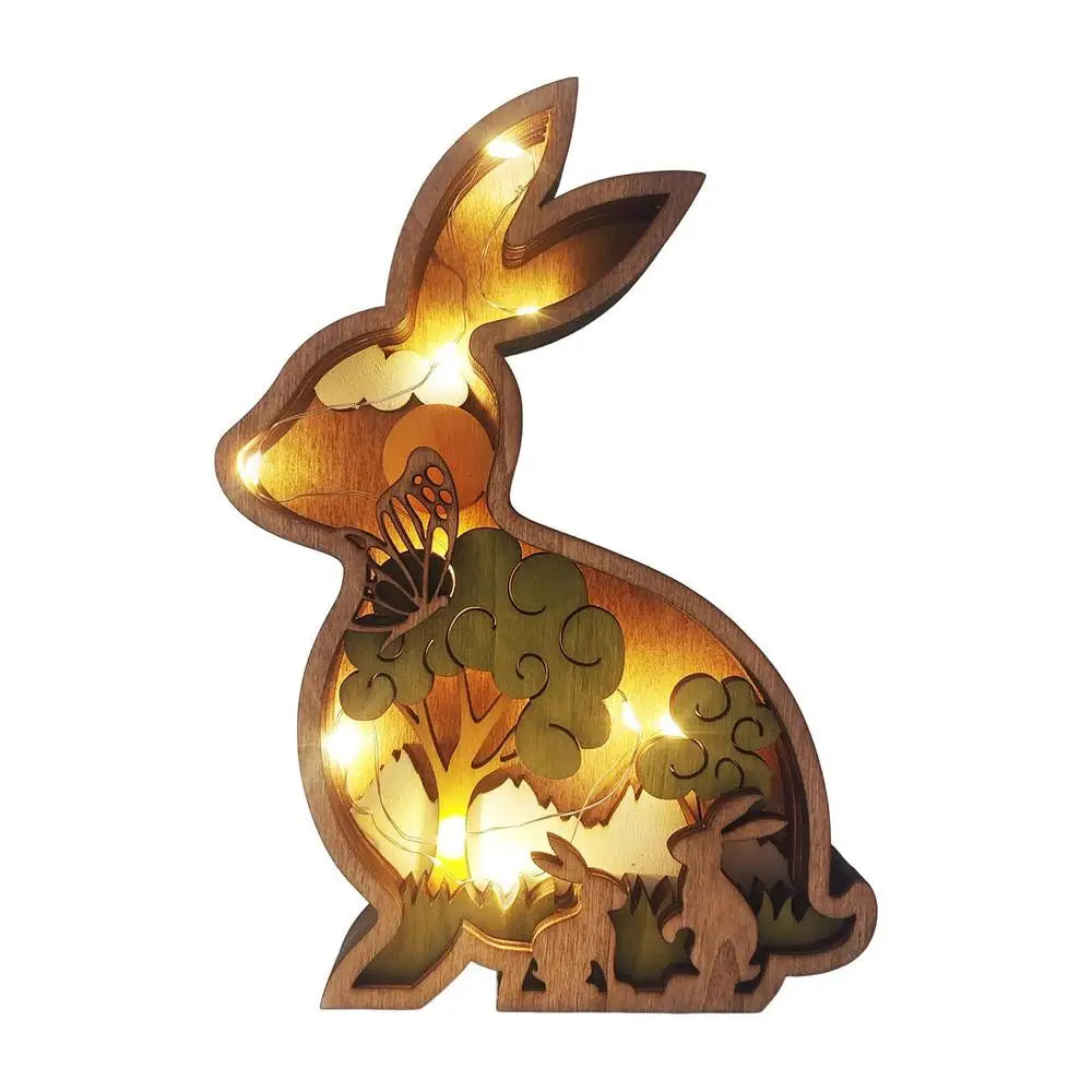 Easter Wooden Animal Ornaments LED Light 3D Hollow Carving Rabbit Home Room Decor Figurines Crafts Desktop Bedroom Decoration