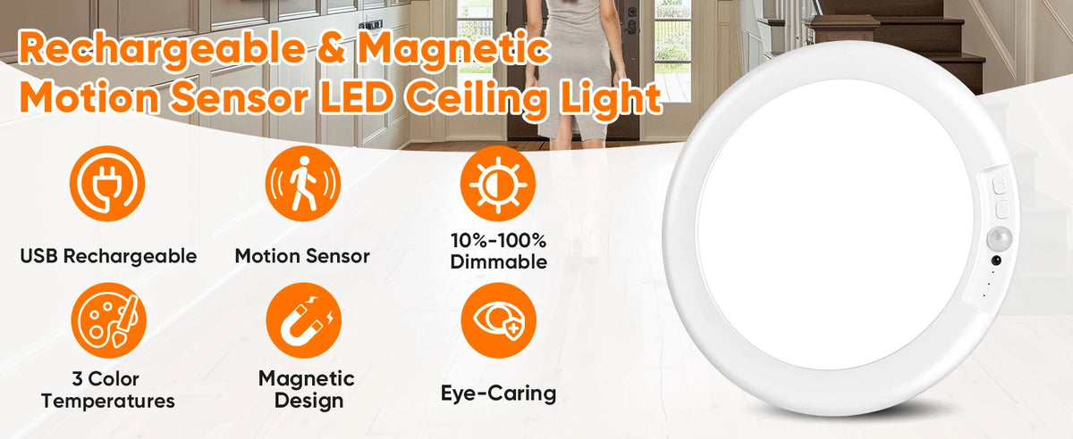 Rechargeable Motion Sensor Ceiling Light with Remote, Battery Operated Closet Light No Wiring, Wireless LED Shower Lights, 3 Colors Dimmable Indoor Overhead Lamp for Closet Shower Pantry Shed Hallway