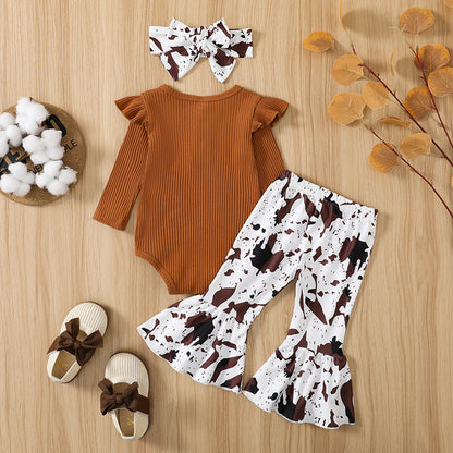 Citgeett Autumn Infant Baby Girls Jumpsuit Solid Color Ribbed Fly Sleeve Romper + Leopard Flare Pants Spring Clothes