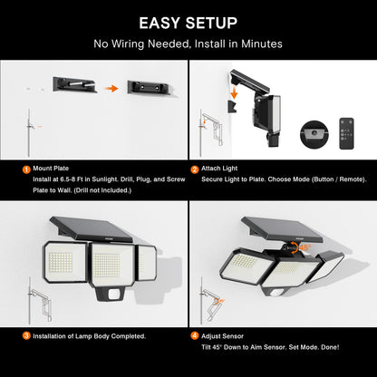 Solar Motion Sensor Light Outdoor, 3000LM 3-Head Solar Security Light with 270° Wide Angle Illumination, 200+LED Solar Wall Light for Porch Garage Yard Entrance, 3 Lighting Modes
