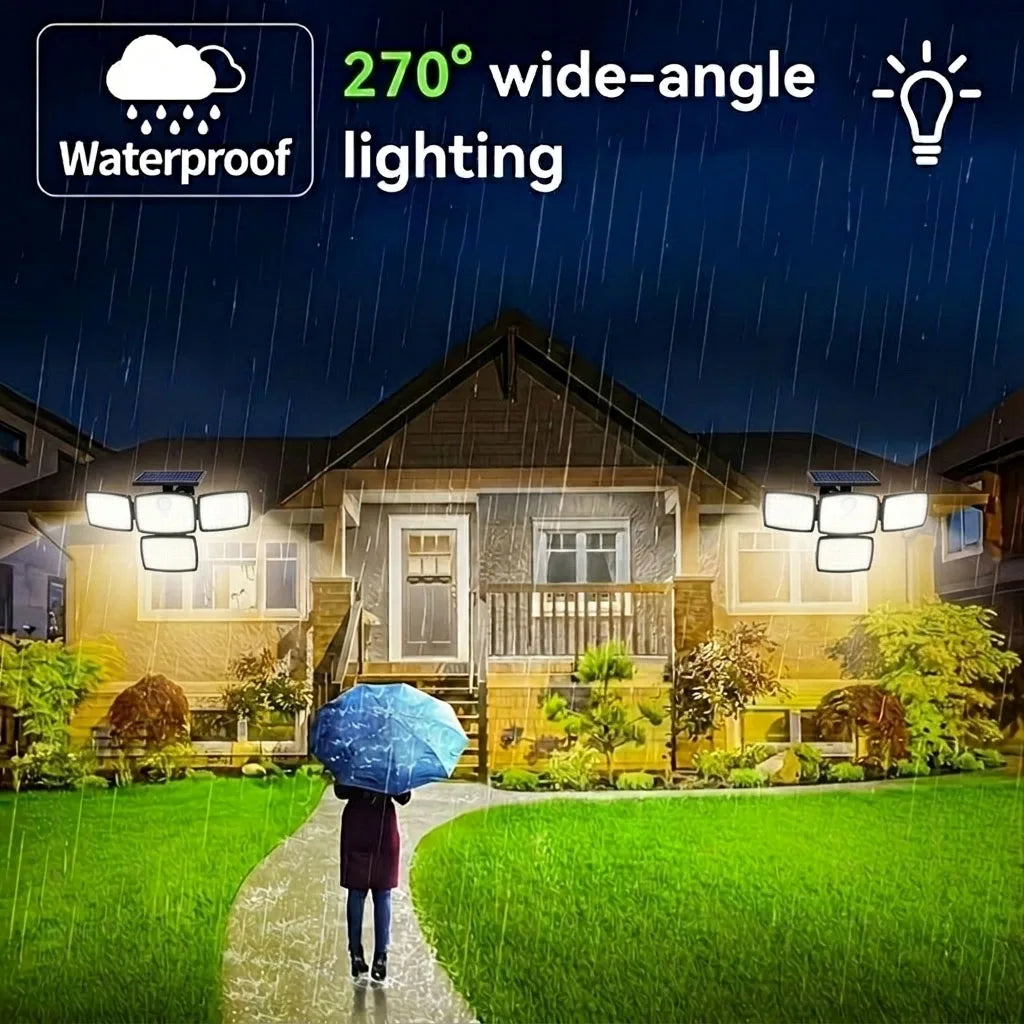 218LED Solar Motion Sensor Street Light, 4 Head Solar Lights Outdoor 3 Modes IP65 Waterproof Solar Flood Lamp for Garden, Remote