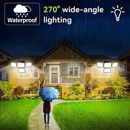 218LED Solar Motion Sensor Street Light, 4 Head Solar Lights Outdoor 3 Modes IP65 Waterproof Solar Flood Lamp for Garden, Remote