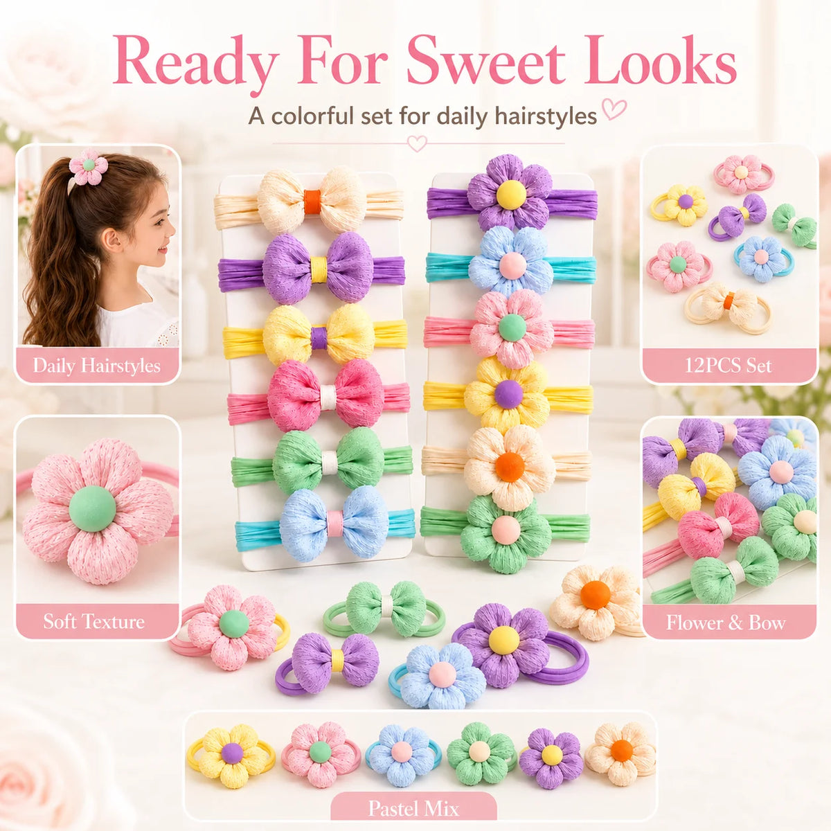12PCS New Cut Hair Ties Princess Sweet Flower Bow Girls Women Elastic Hair Bands Hair Accessories Headwear Scrunchies 2030