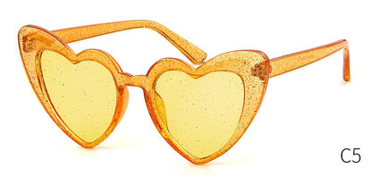 WHO CUTIE Women Sunglasses Vintage Brand Designer Red Heart Shape Pink Glitter Lens Funny Sun Glasses Girls Party Festival OM863