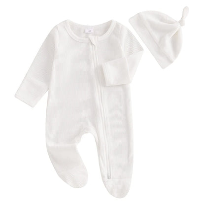 2024-09-07 Lioraitiin Newborn Baby Fall Footed Romper Solid Color Waffle Long Sleeve Crew Neck Zipper Jumpsuit with Hat