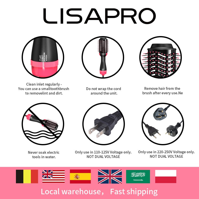 LISAPRO Hot Air Brush One-Step Hair Dryer Volumizer 1000W Blow Dryer Soft Touch Pink Hair Curler Straightener