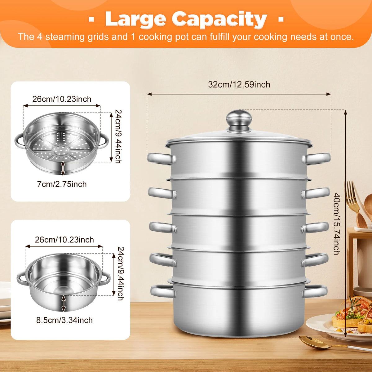 32CM Stainless Steel Steamer Pot 5-Tier Large Steaming Pot Cookware W/Lid & Handle for Vegetable, Dumpling, Stock, Sauce