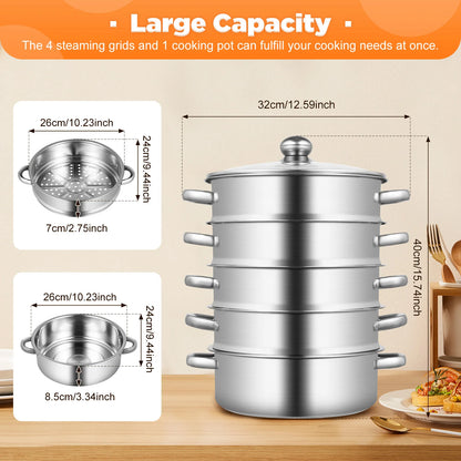 32CM Stainless Steel Steamer Pot 5-Tier Large Steaming Pot Cookware W/Lid & Handle for Vegetable, Dumpling, Stock, Sauce