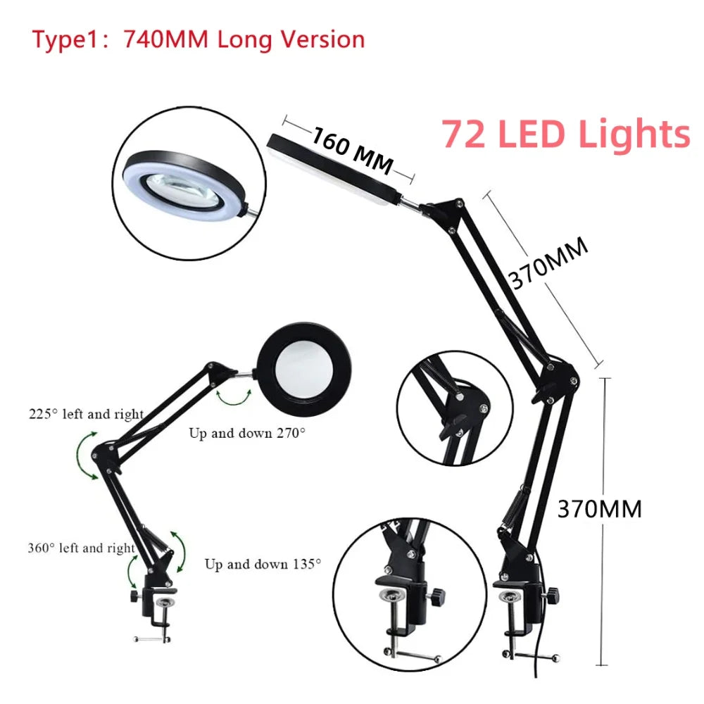 3 Colors LED Magnifying Glass  72LED 8X/10X NEW Illuminated Magnifier USB for Soldering Iron Repair/Table Lamp/Skincare Beauty
