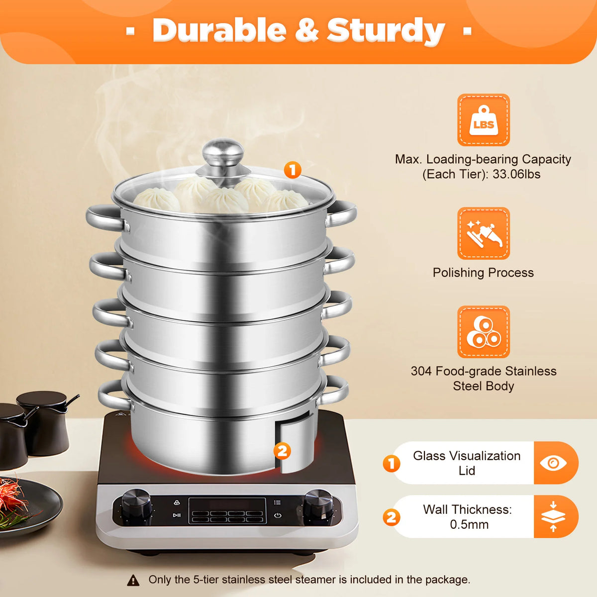 32CM Stainless Steel Steamer Pot 5-Tier Large Steaming Pot Cookware W/Lid & Handle for Vegetable, Dumpling, Stock, Sauce
