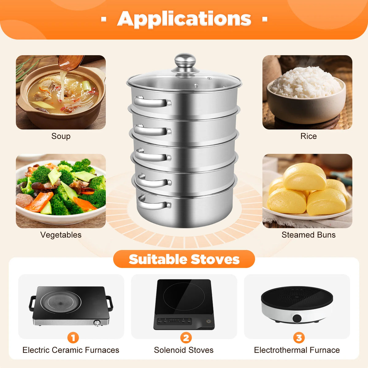 32CM Stainless Steel Steamer Pot 5-Tier Large Steaming Pot Cookware W/Lid & Handle for Vegetable, Dumpling, Stock, Sauce