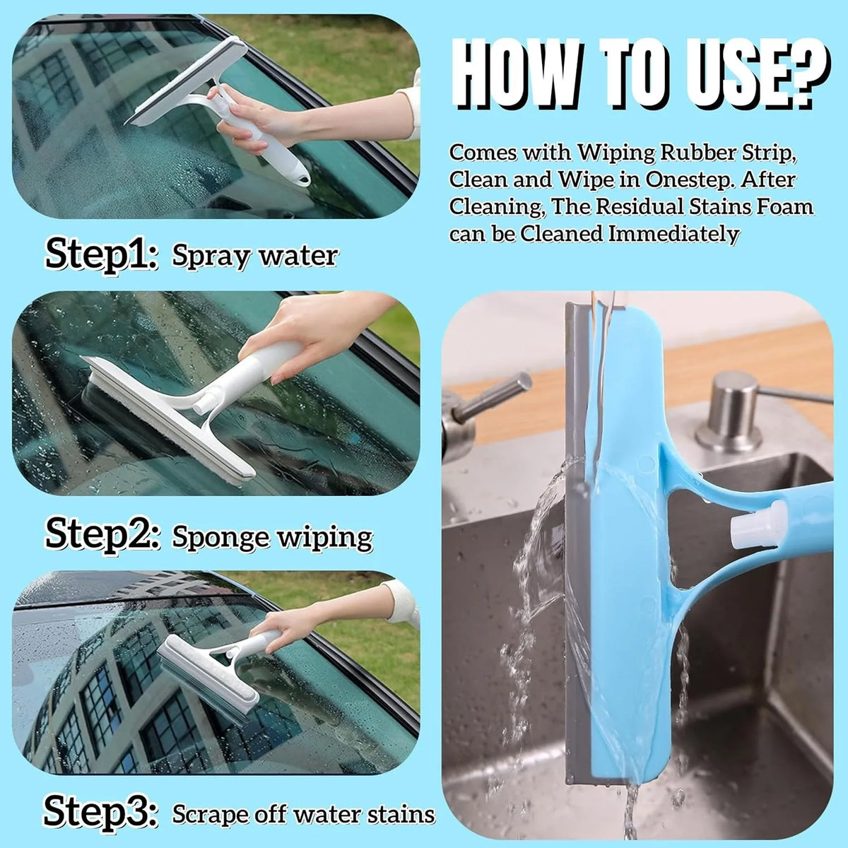3-in-1 Multifunctional Glass Wiper with Spray Bottle to Clean the Floor and Scrub Household Car Cleaning Tools