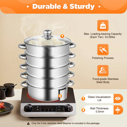 32CM Stainless Steel Steamer Pot 5-Tier Large Steaming Pot Cookware W/Lid & Handle for Vegetable, Dumpling, Stock, Sauce