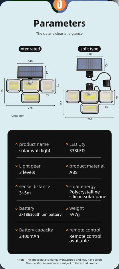 5000LM Outdoor Motion Sensor Lamp 333 LED IP65 Waterproof 4-Head Solar Power Light  Flood Lights 270° Lighting Range Outdoor Indoor Solar Garden Lamp With Adjustable Head Wide Lighting