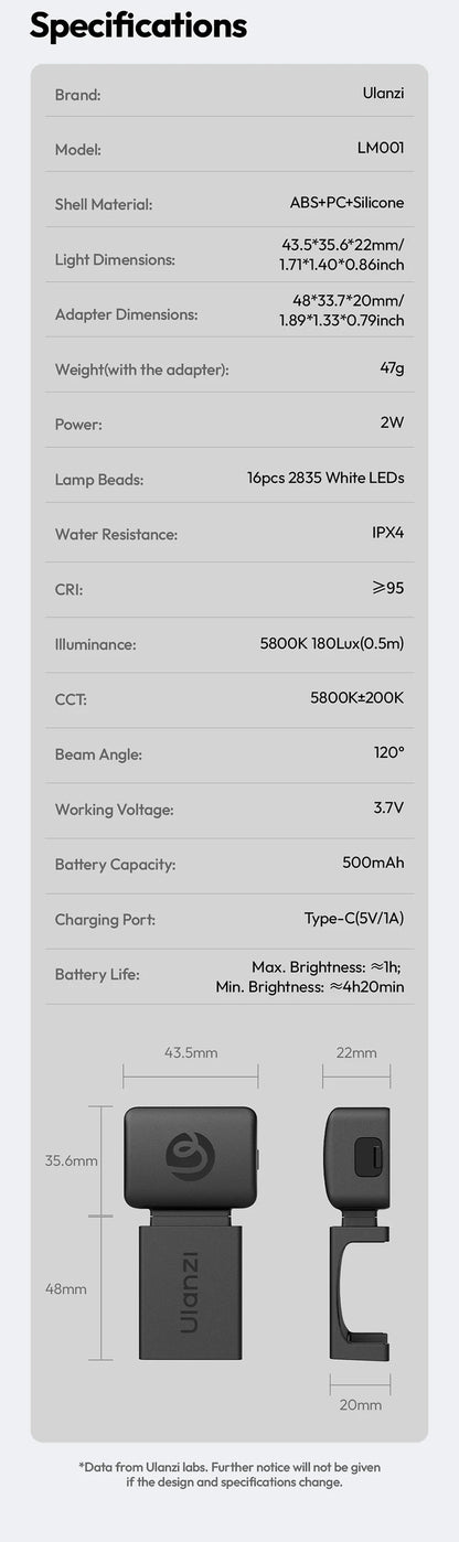 Ulanzi LM001 for DJI Osmo Pocket 3 4 Video Light Magnetic Mini Led Light Waterproof Vlogging Tiktok Live 500mah Rechargeable
