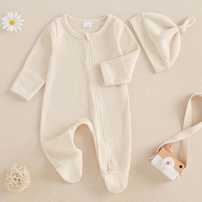 2024-09-07 Lioraitiin Newborn Baby Fall Footed Romper Solid Color Waffle Long Sleeve Crew Neck Zipper Jumpsuit with Hat