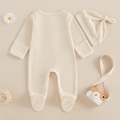 2024-09-07 Lioraitiin Newborn Baby Fall Footed Romper Solid Color Waffle Long Sleeve Crew Neck Zipper Jumpsuit with Hat