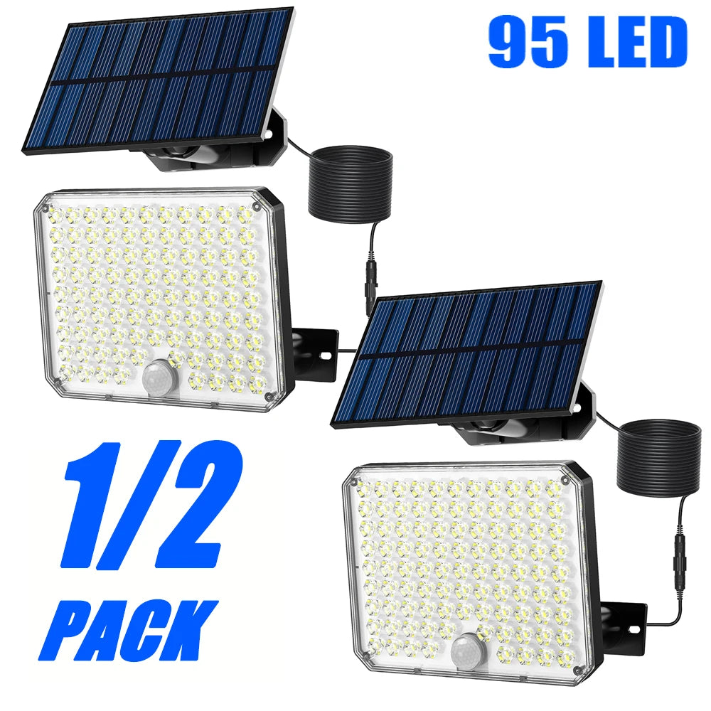 1/2Pack 95 LED Solar Security Lights Outdoor, Separated Solar Panel with Cable Motion Sensor Solar Flood Light, IP65 Waterproof Solar Wall Light for Yard Garage Patio Garden