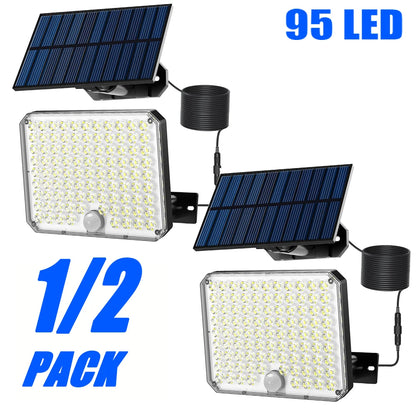 1/2Pack 95 LED Solar Security Lights Outdoor, Separated Solar Panel with Cable Motion Sensor Solar Flood Light, IP65 Waterproof Solar Wall Light for Yard Garage Patio Garden