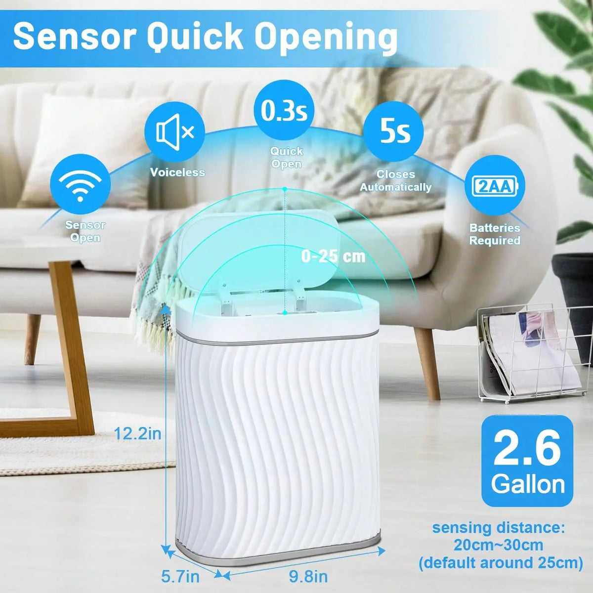 Smart Motion Sensor Trash Can, 2.6 Gallon Small Touchless Pop-Up Bin, Space Saving Waste Basket for Bathroom, Kitchen, Dorm & Bedroom, White
