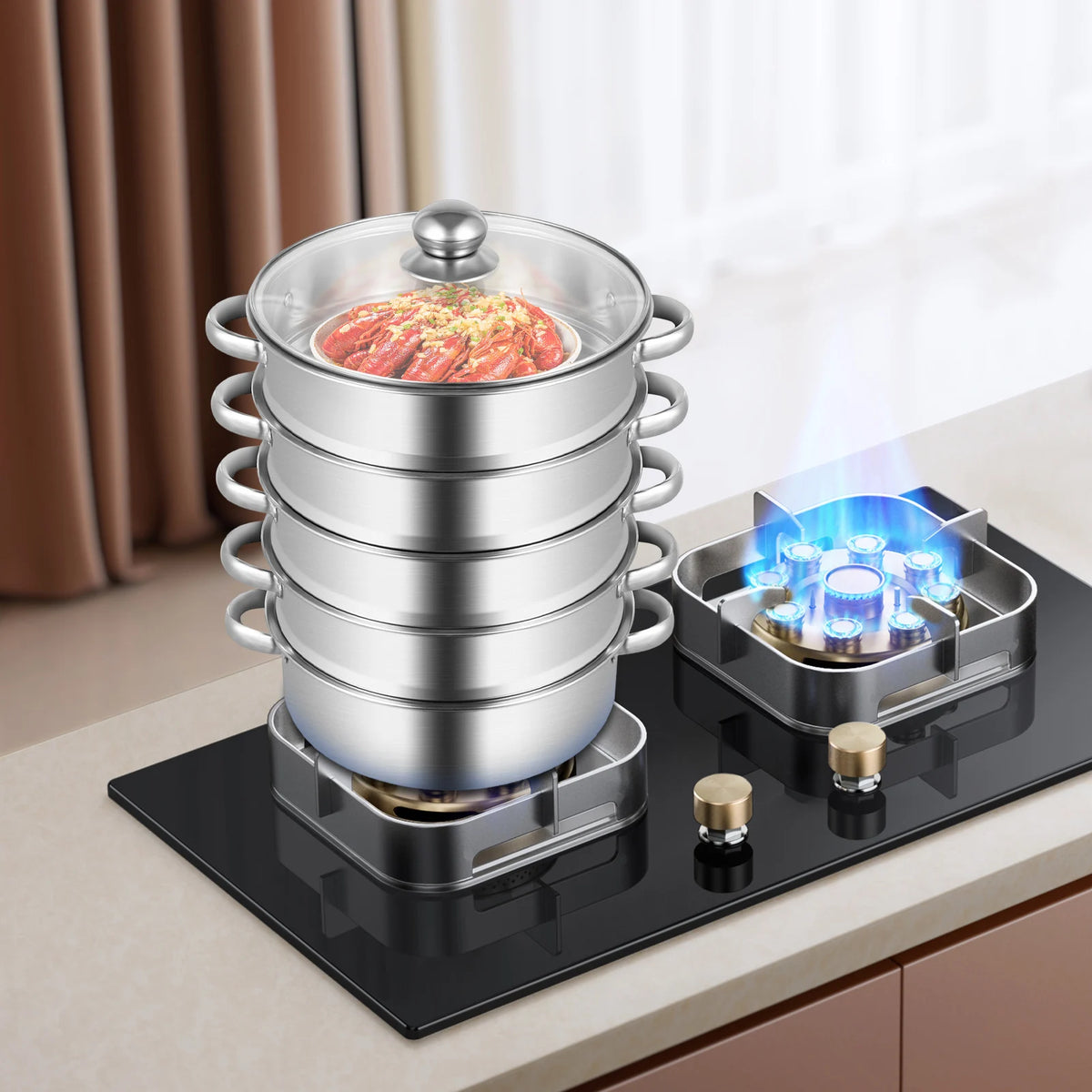 32CM Stainless Steel Steamer Pot 5-Tier Large Steaming Pot Cookware W/Lid & Handle for Vegetable, Dumpling, Stock, Sauce