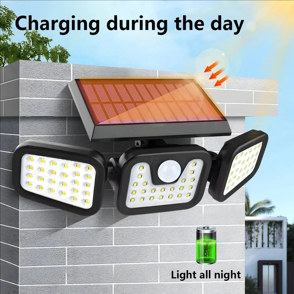 Solar Outdoor Motion Sensor Light, 3 Head Adjustable Angle Solar Security Light with 74 LEDs, Wide Angle Illumination, PIR Motion Detection, IP54 Waterproof Wireless Wall Light for Yard, Garden, Patio and Garage