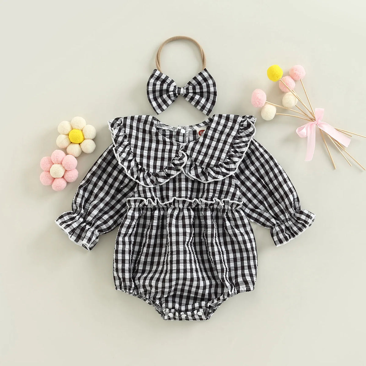 Citgeett Autumn Infant Baby Girl Fall Outfit Plaid Collar Long Sleeve Ruffle Bodysuit + Hairband Clothes Set 0-18Months