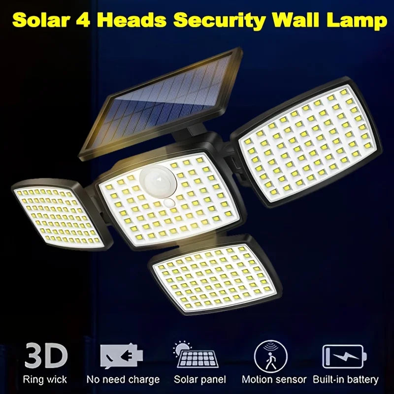 1/2PCS 4-Head Solar Outdoor Lights with Motion Sensor, 242LEDs Solar Security Street Lamp 3 Lighting Modes, IP65 Waterproof 270° Wide Angle Flood Wall Lights, for Yard Garden Driveway