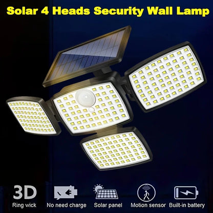 1/2PCS 4-Head Solar Outdoor Lights with Motion Sensor, 242LEDs Solar Security Street Lamp 3 Lighting Modes, IP65 Waterproof 270° Wide Angle Flood Wall Lights, for Yard Garden Driveway
