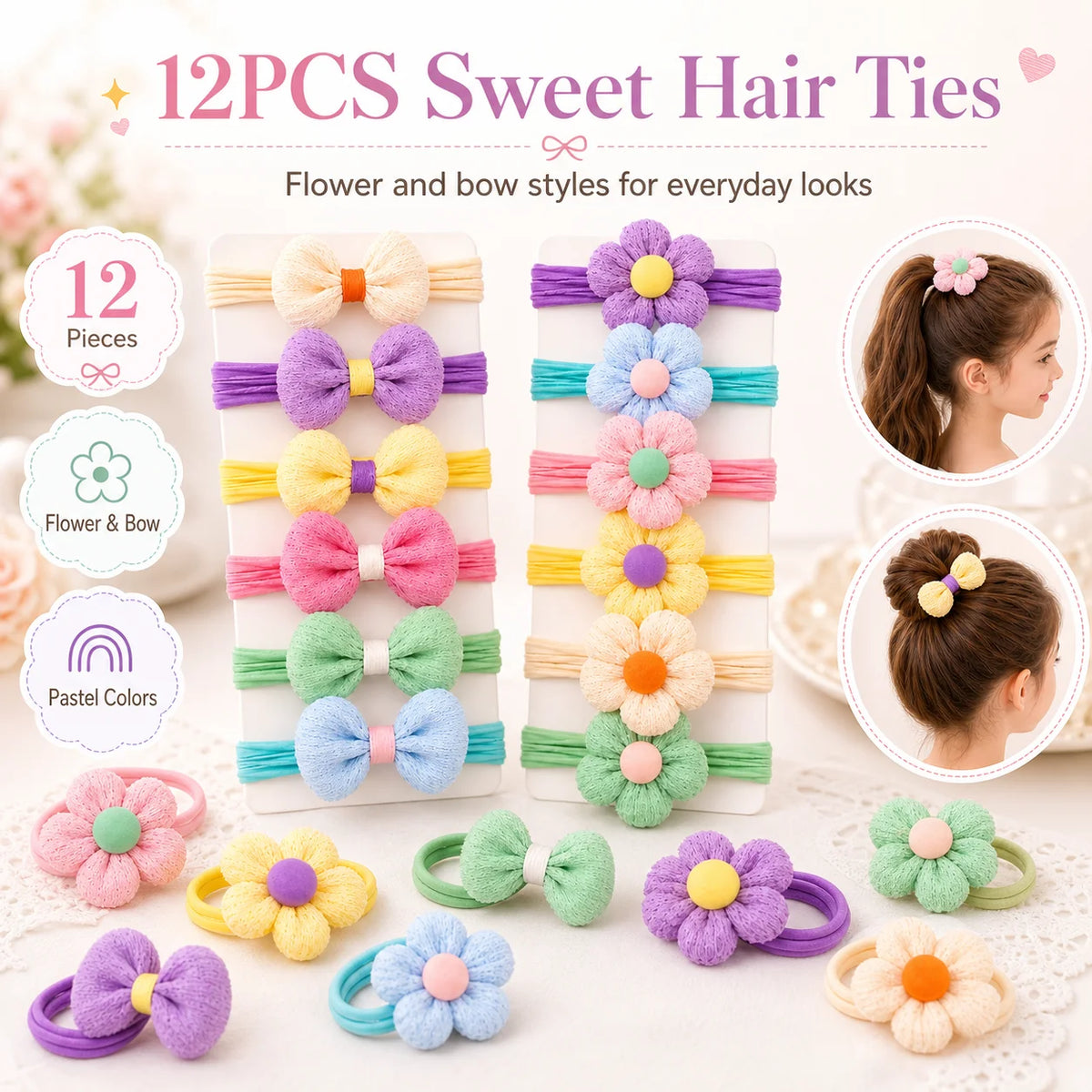 12PCS New Cut Hair Ties Princess Sweet Flower Bow Girls Women Elastic Hair Bands Hair Accessories Headwear Scrunchies 2030