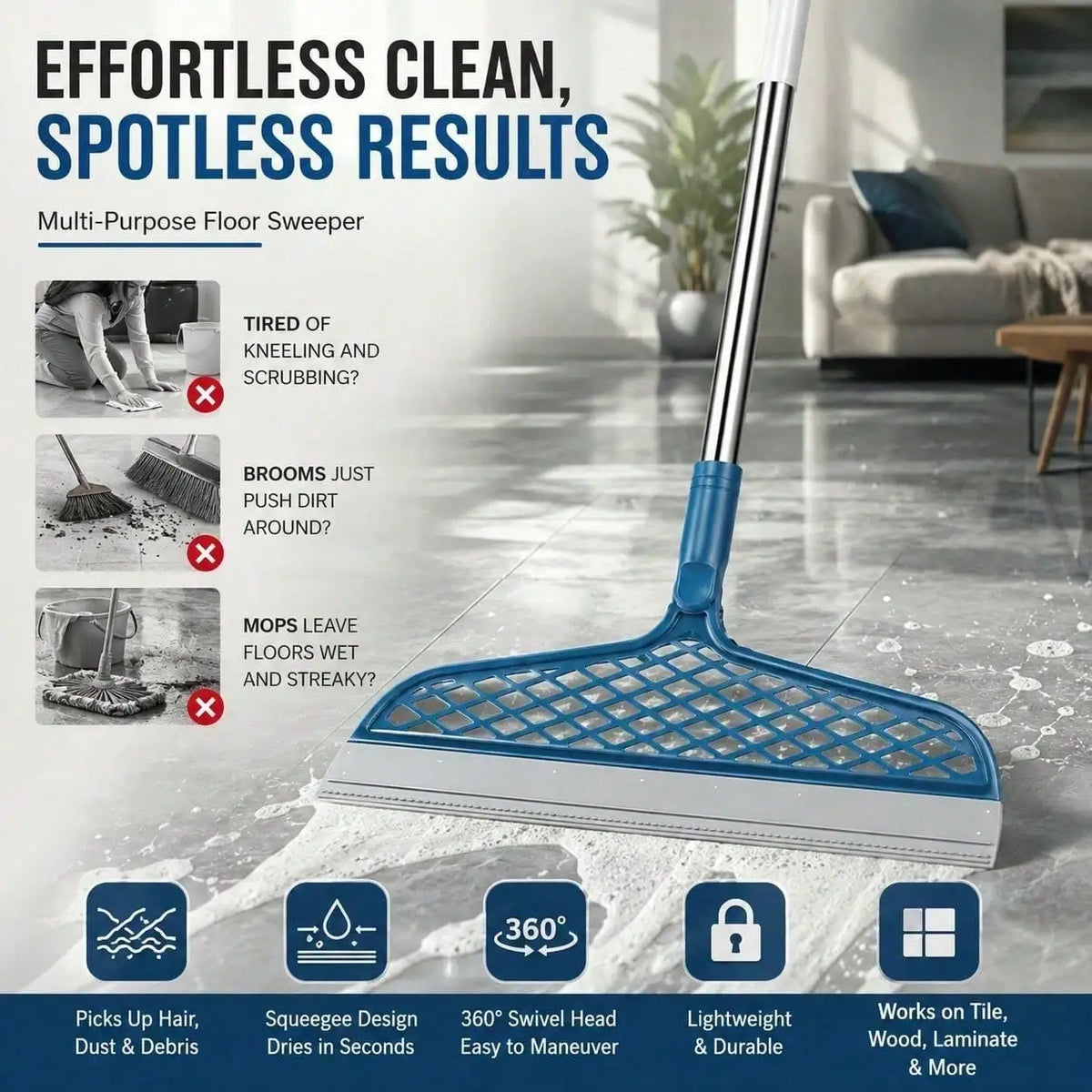 Silicone Broom, Silicone Floor And Carpet Cleaner, Plastic Handle For Stains And Spills, Home Cleaning Tool & Pet Hair Remover,Broom Sweeper.