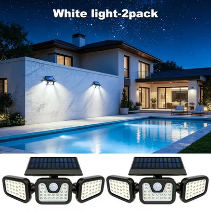 Solar Outdoor Motion Sensor Light, 3 Head Adjustable Angle Solar Security Light with 74 LEDs, Wide Angle Illumination, PIR Motion Detection, IP54 Waterproof Wireless Wall Light for Yard, Garden, Patio and Garage