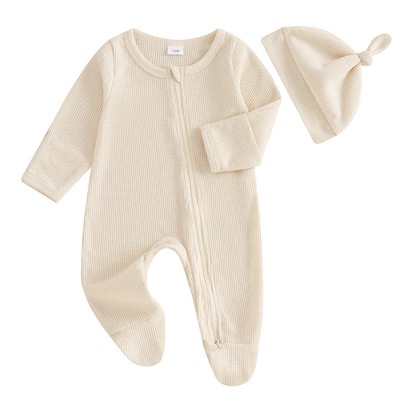 2024-09-07 Lioraitiin Newborn Baby Fall Footed Romper Solid Color Waffle Long Sleeve Crew Neck Zipper Jumpsuit with Hat