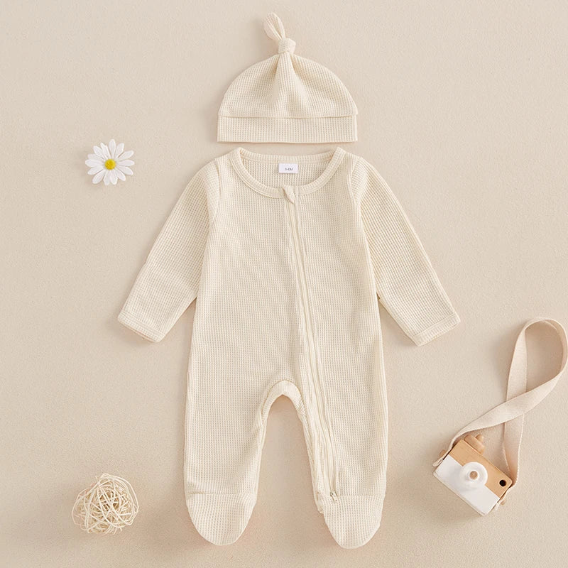 2024-09-07 Lioraitiin Newborn Baby Fall Footed Romper Solid Color Waffle Long Sleeve Crew Neck Zipper Jumpsuit with Hat