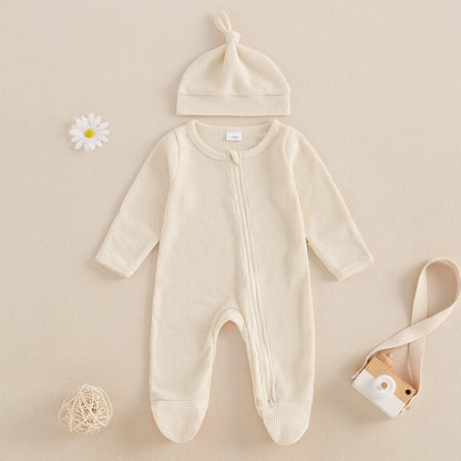 2024-09-07 Lioraitiin Newborn Baby Fall Footed Romper Solid Color Waffle Long Sleeve Crew Neck Zipper Jumpsuit with Hat