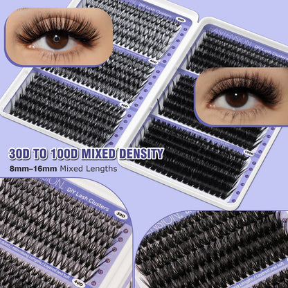 DIY Lash Extension Kit Clusters Natural Individual Eyelashes Kit 8-16mm Mixed with Bond and Seal Wispy Natural Mange Lashes