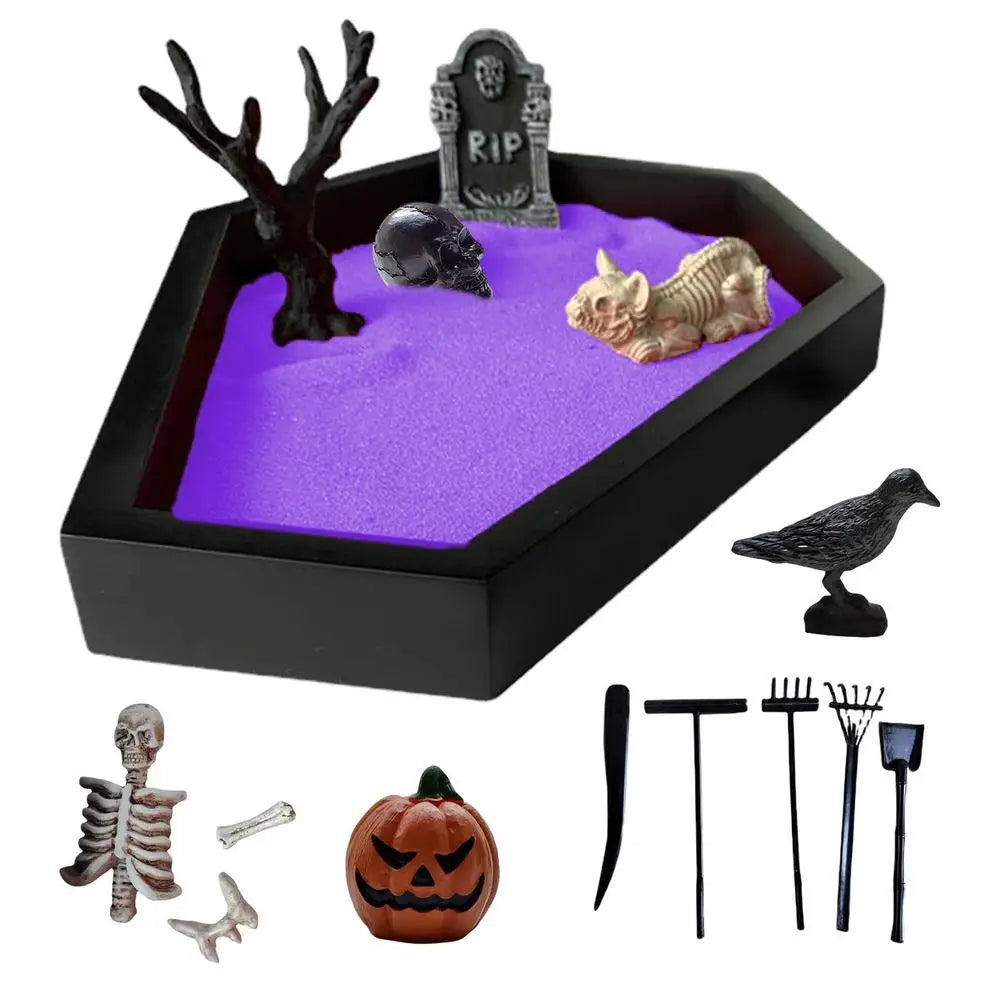 Camping Halloween Coffin Sand Tabletop Decoration, Gothic Zen Garden Kit With Skull For Theme Ornament Creepy Mini Landscape