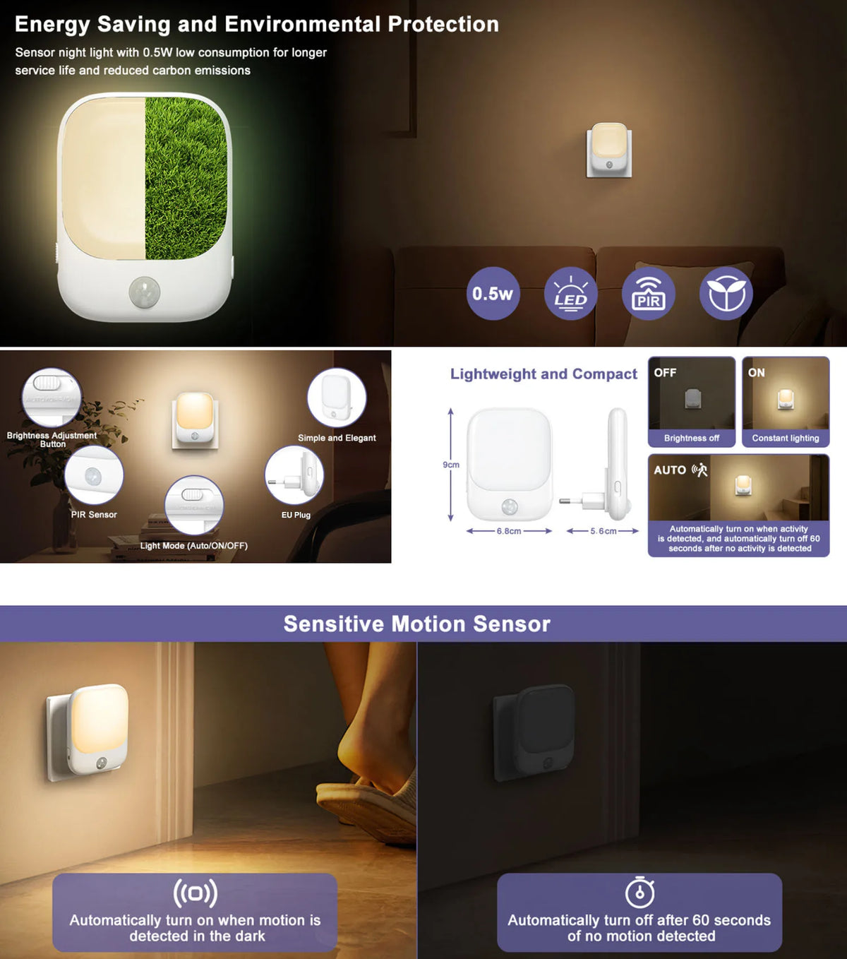 LED Motion Sensor Night Lights for Kids Bedroom Auto Dusk to Dawn Sensor Dimmable Wireless Cabinet Lamp