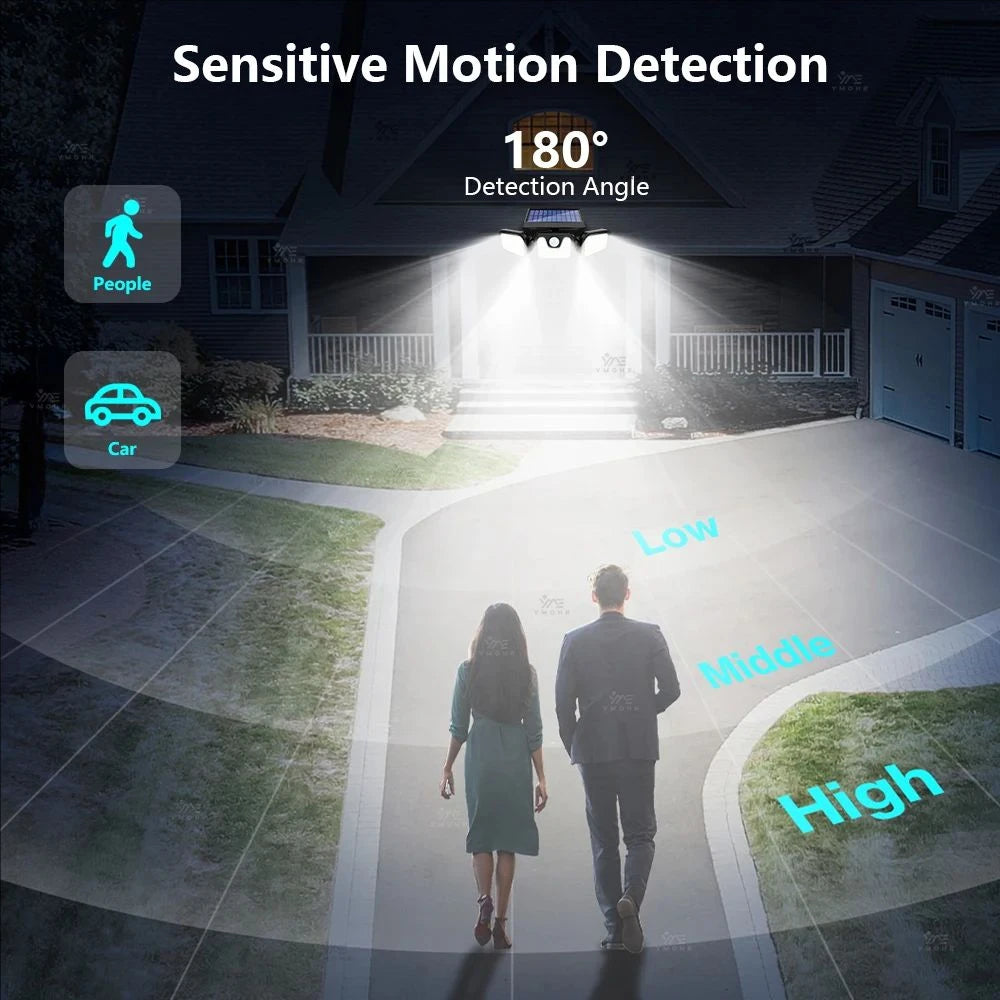 Solar Outdoor Motion Sensor Light, 3 Head Adjustable Angle Solar Security Light with 74 LEDs, Wide Angle Illumination, PIR Motion Detection, IP54 Waterproof Wireless Wall Light for Yard, Garden, Patio and Garage
