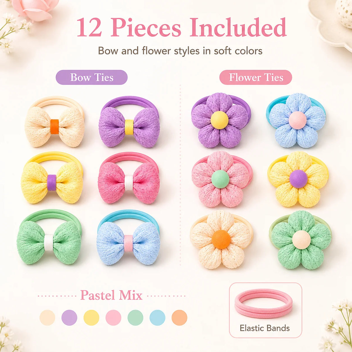 12PCS New Cut Hair Ties Princess Sweet Flower Bow Girls Women Elastic Hair Bands Hair Accessories Headwear Scrunchies 2030
