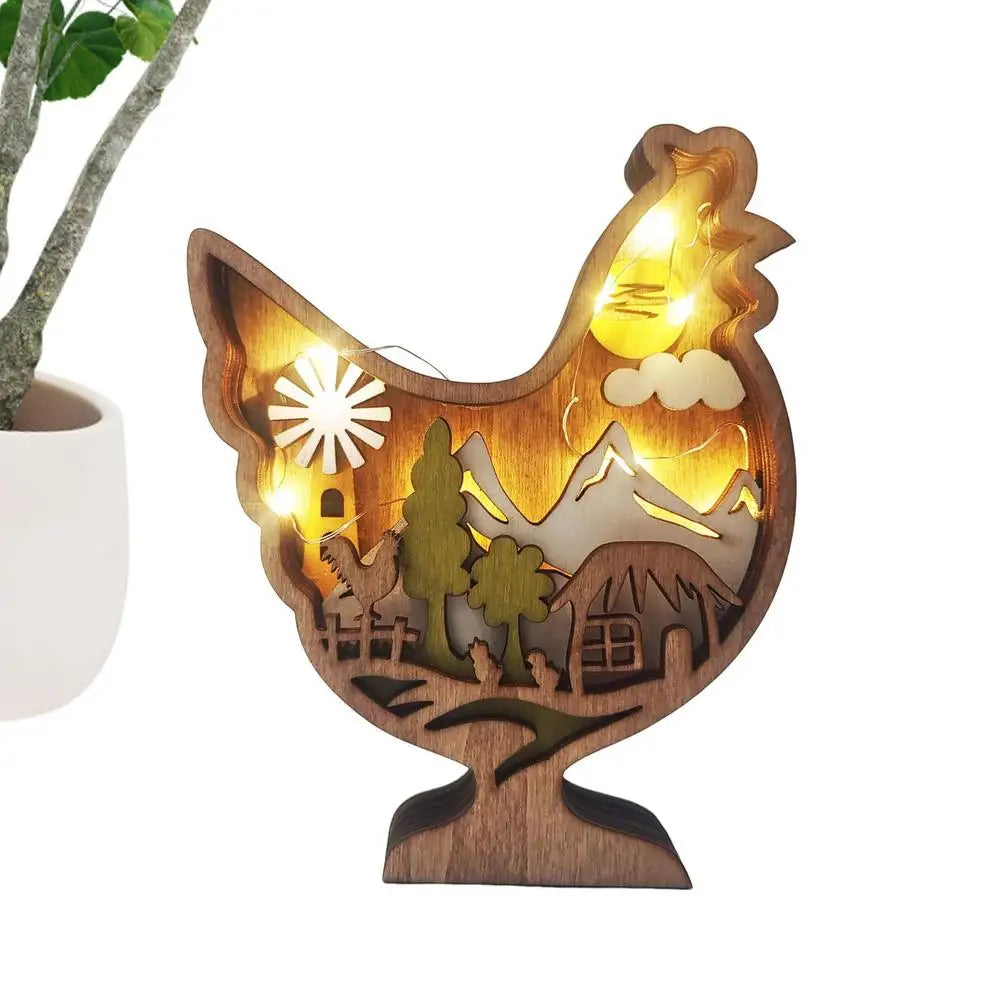 Easter Wooden Animal Ornaments LED Light 3D Hollow Carving Rabbit Home Room Decor Figurines Crafts Desktop Bedroom Decoration