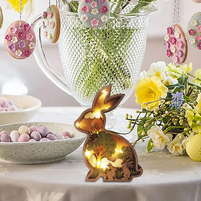 Easter Wooden Animal Ornaments LED Light 3D Hollow Carving Rabbit Home Room Decor Figurines Crafts Desktop Bedroom Decoration