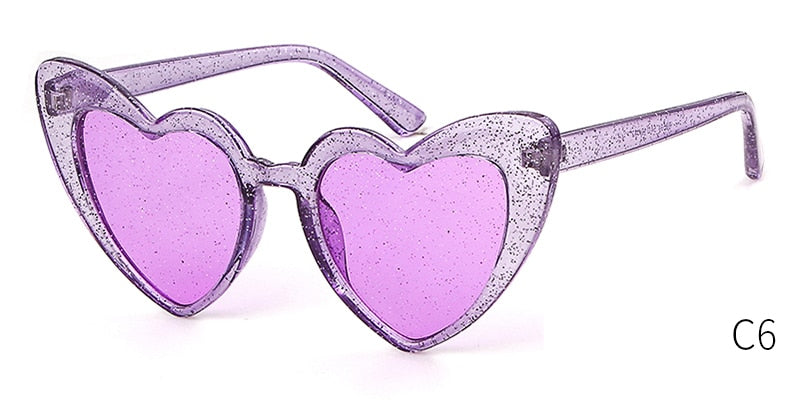 WHO CUTIE Women Sunglasses Vintage Brand Designer Red Heart Shape Pink Glitter Lens Funny Sun Glasses Girls Party Festival OM863