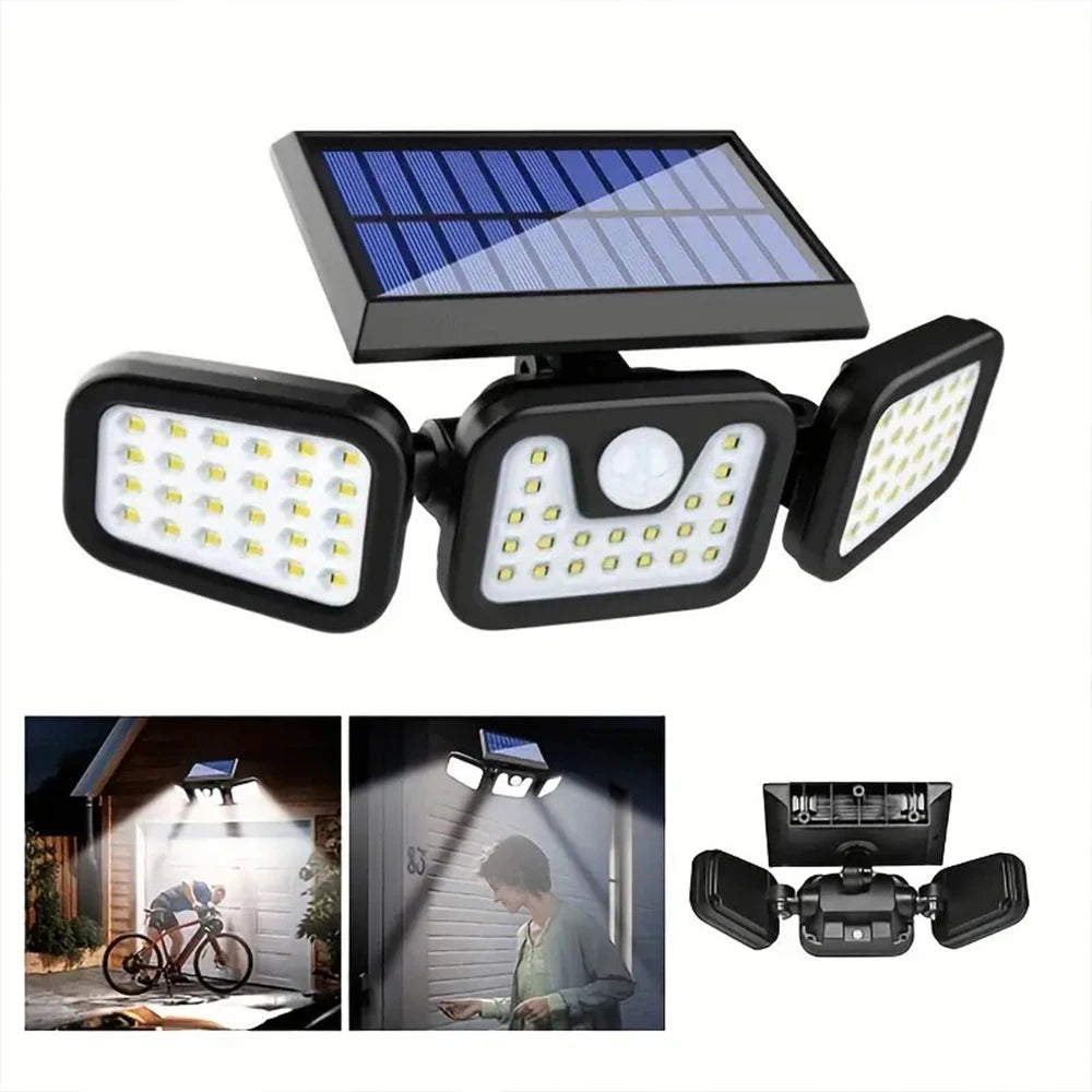 Solar Outdoor Motion Sensor Light, 3 Head Adjustable Angle Solar Security Light with 74 LEDs, Wide Angle Illumination, PIR Motion Detection, IP54 Waterproof Wireless Wall Light for Yard, Garden, Patio and Garage
