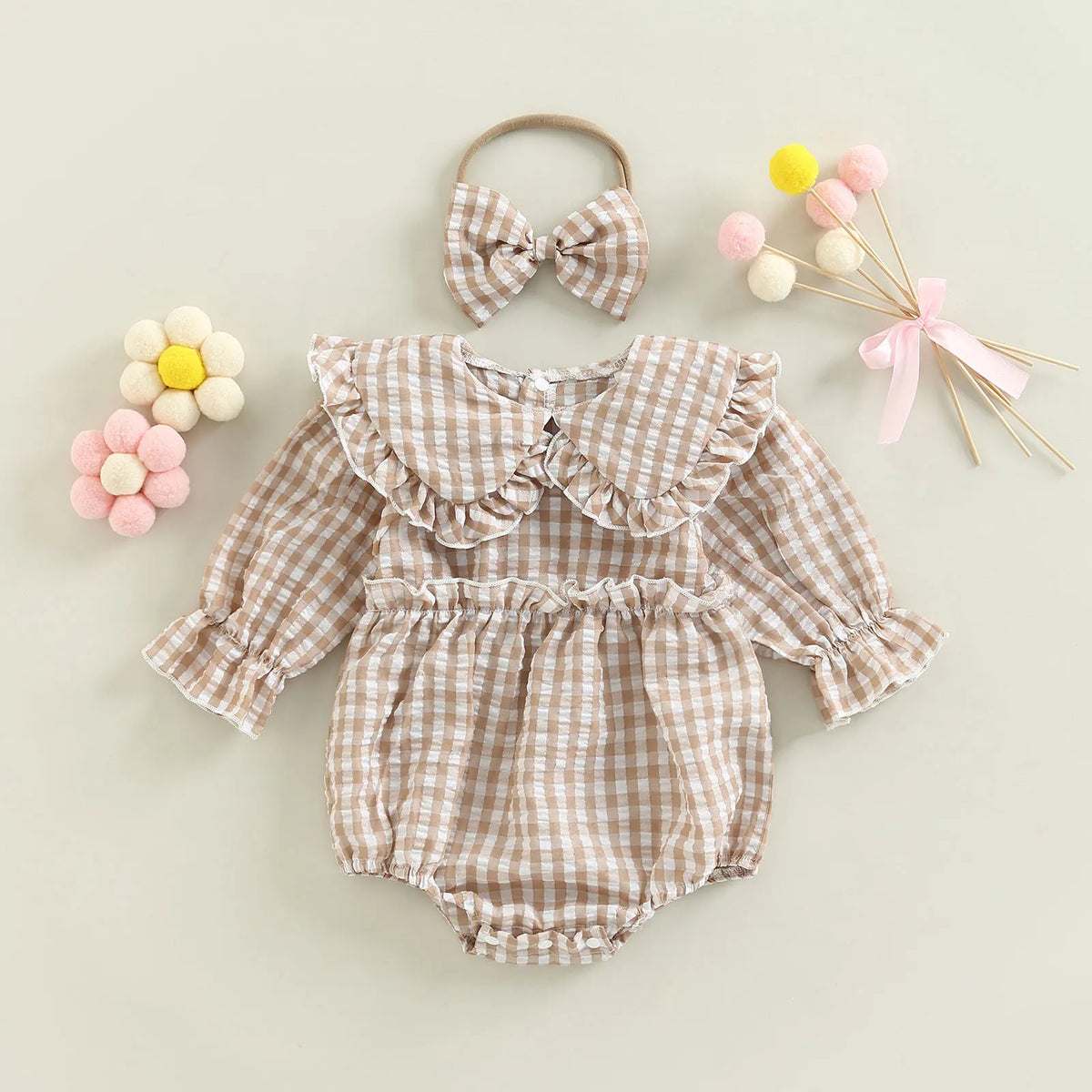 Citgeett Autumn Infant Baby Girl Fall Outfit Plaid Collar Long Sleeve Ruffle Bodysuit + Hairband Clothes Set 0-18Months